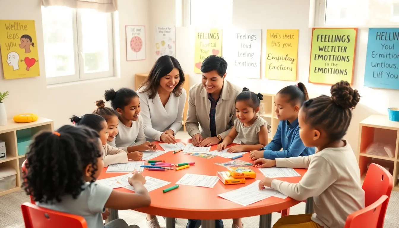 children engaged in a mental health activity in a colorful classroom.