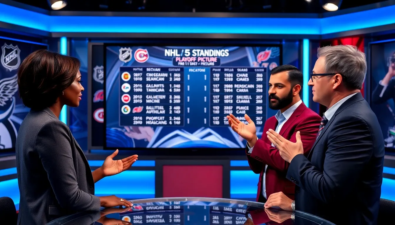 sports analysts discussing NHL standings in a modern studio.
