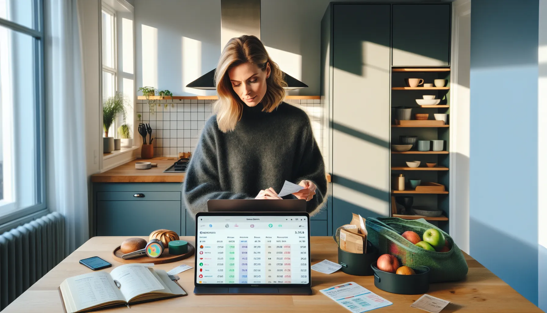 Woman reviewing expenses and activating cashback apps at a kitchen table.