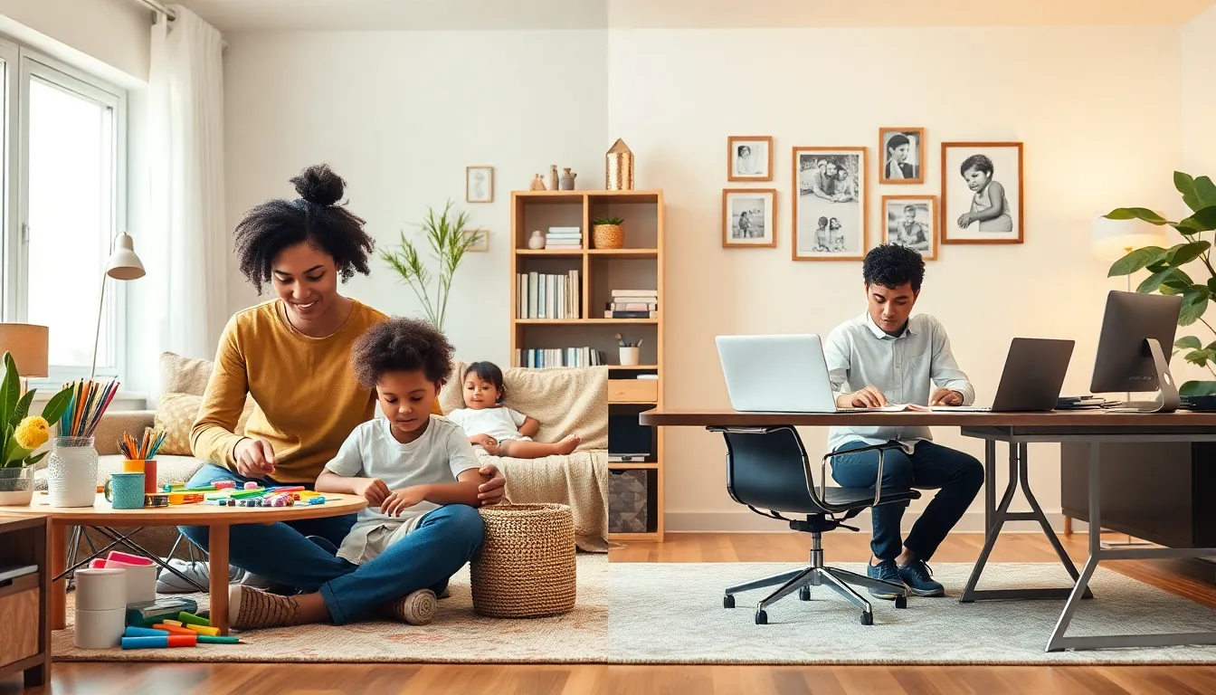a solo parent and a single parent interacting with their children in a cozy living room.