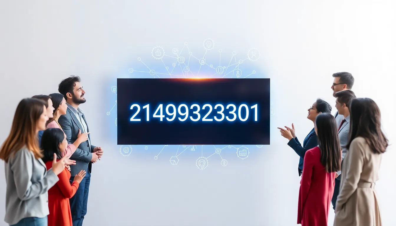 A modern digital display of the number 2149323301 with diverse individuals discussing it.