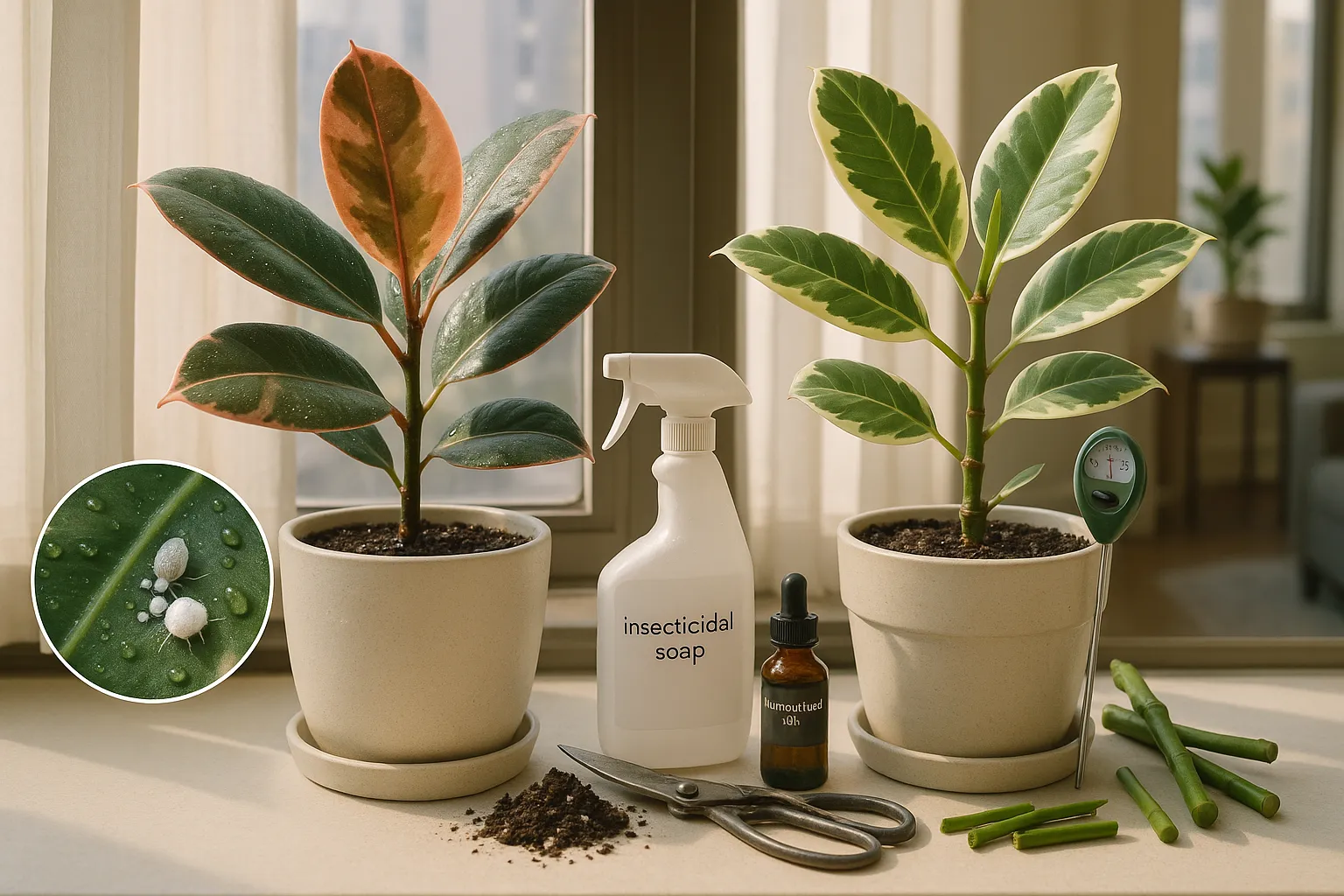 Two rubber plants showing sunburn, pests, and pruning tools on a windowsill.