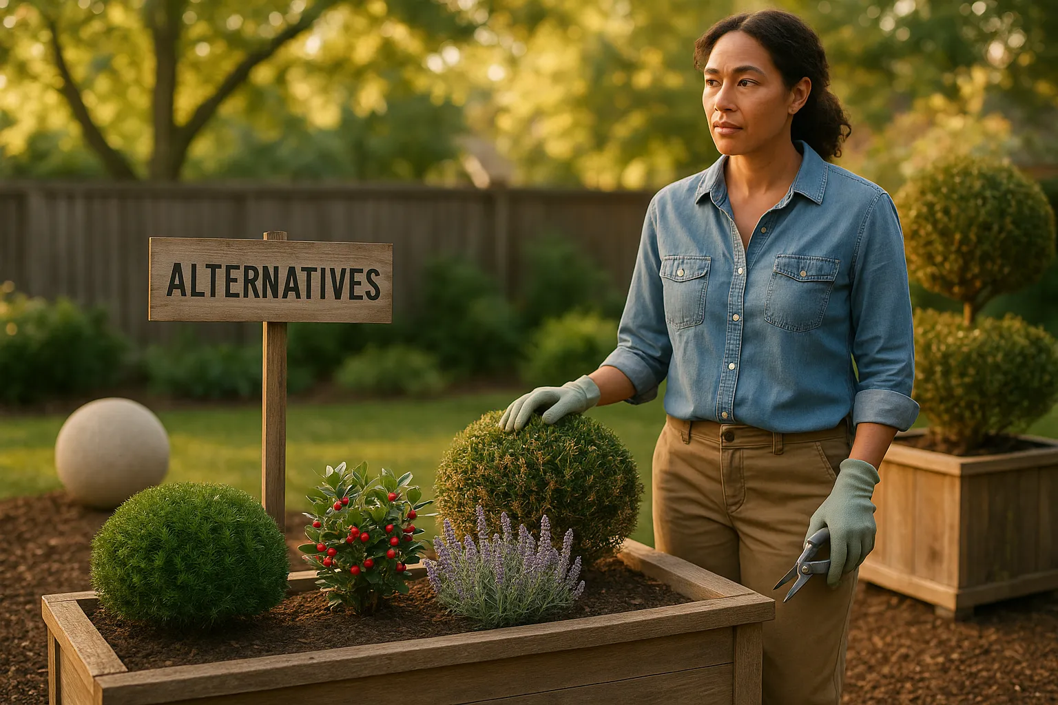 Homeowner inspecting low‑maintenance plant alternatives beside a declining boxwood.