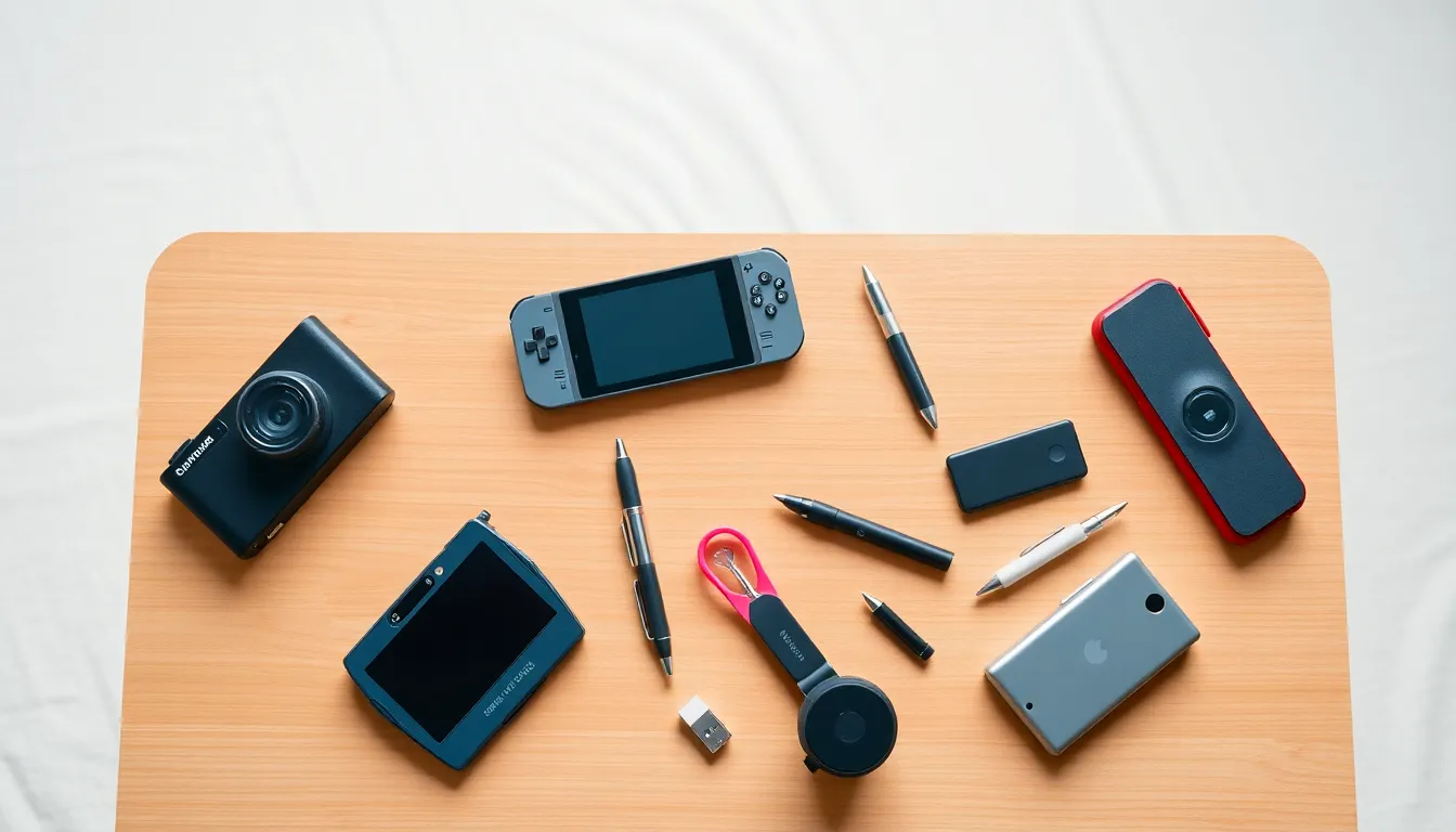 variety of small gadgets on a stylish wooden table.