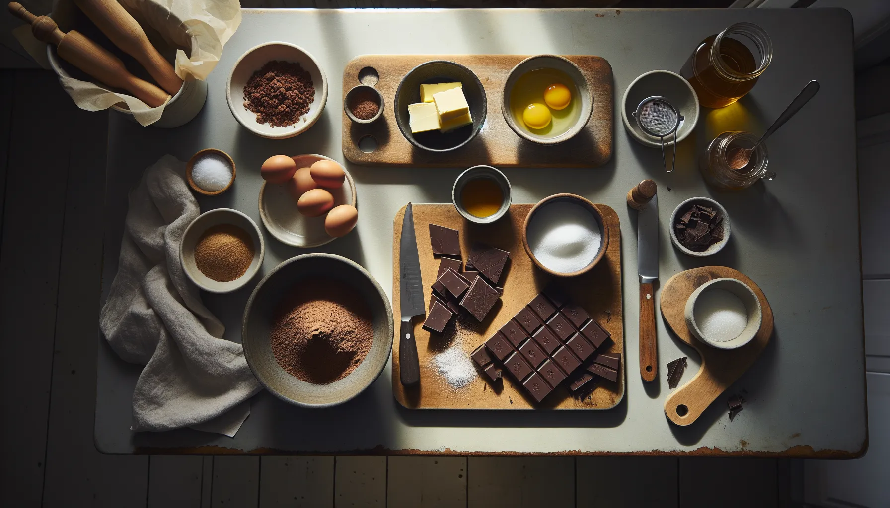 Nordic kitchen setup with natural ingredients and tools for chocolate fondant.