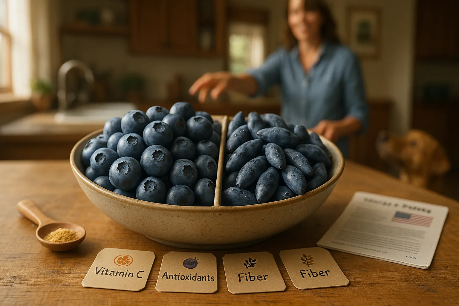 Ceramic bowl with blueberries and elongated honeyberries on a kitchen table.