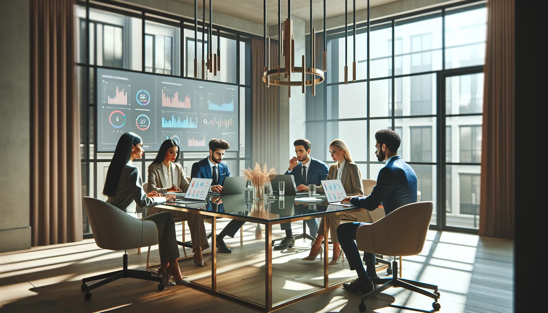 diverse team collaborating on data analysis in a modern office.