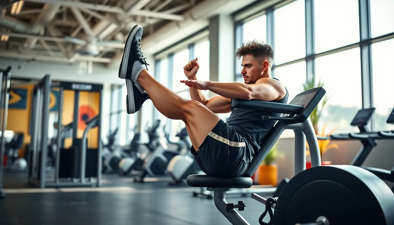 athlete performing leg extensions in a modern gym setting.