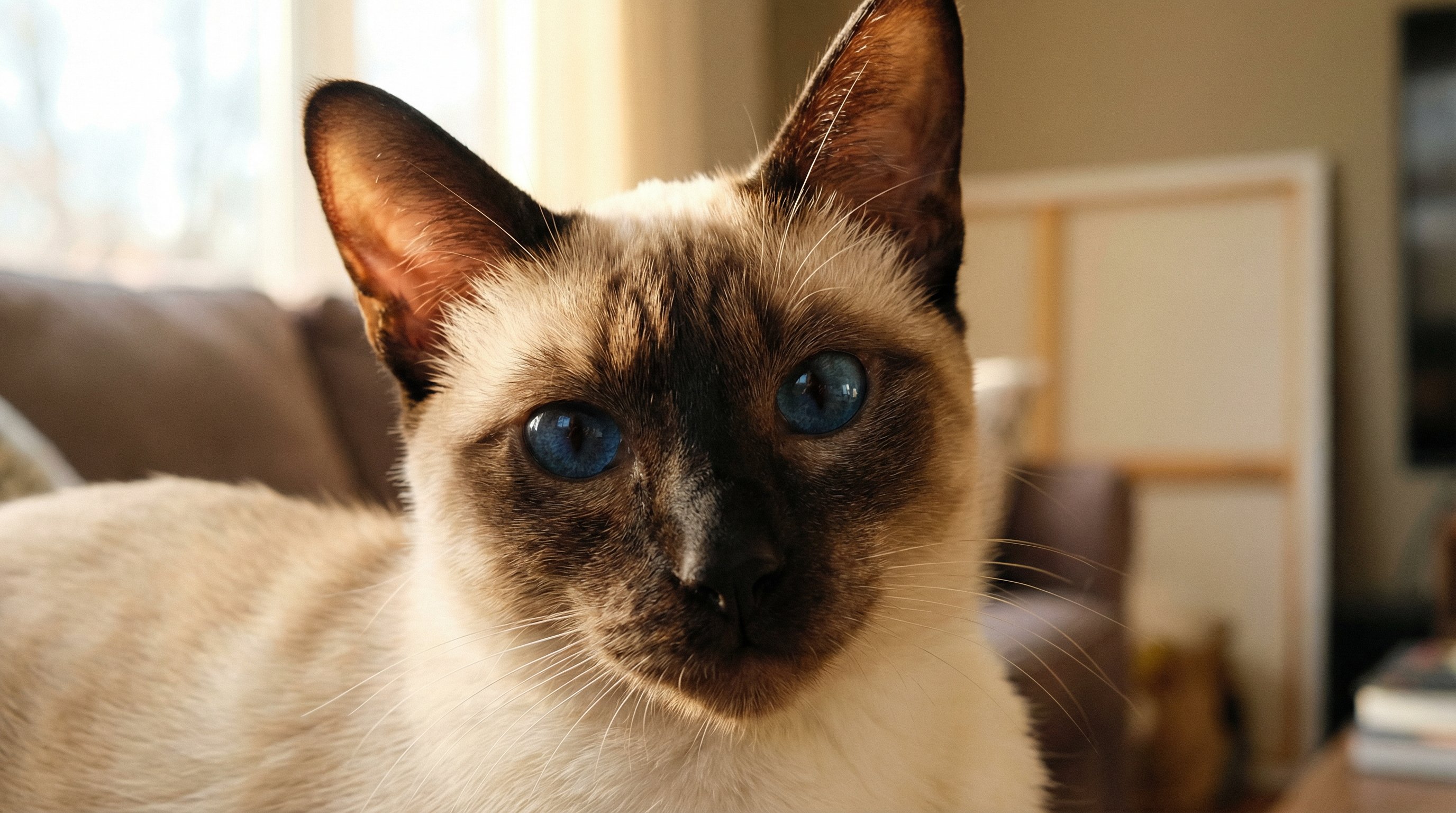 Close-up portrait of a Siamese cat with vivid blue eyes staring directly ahead.
