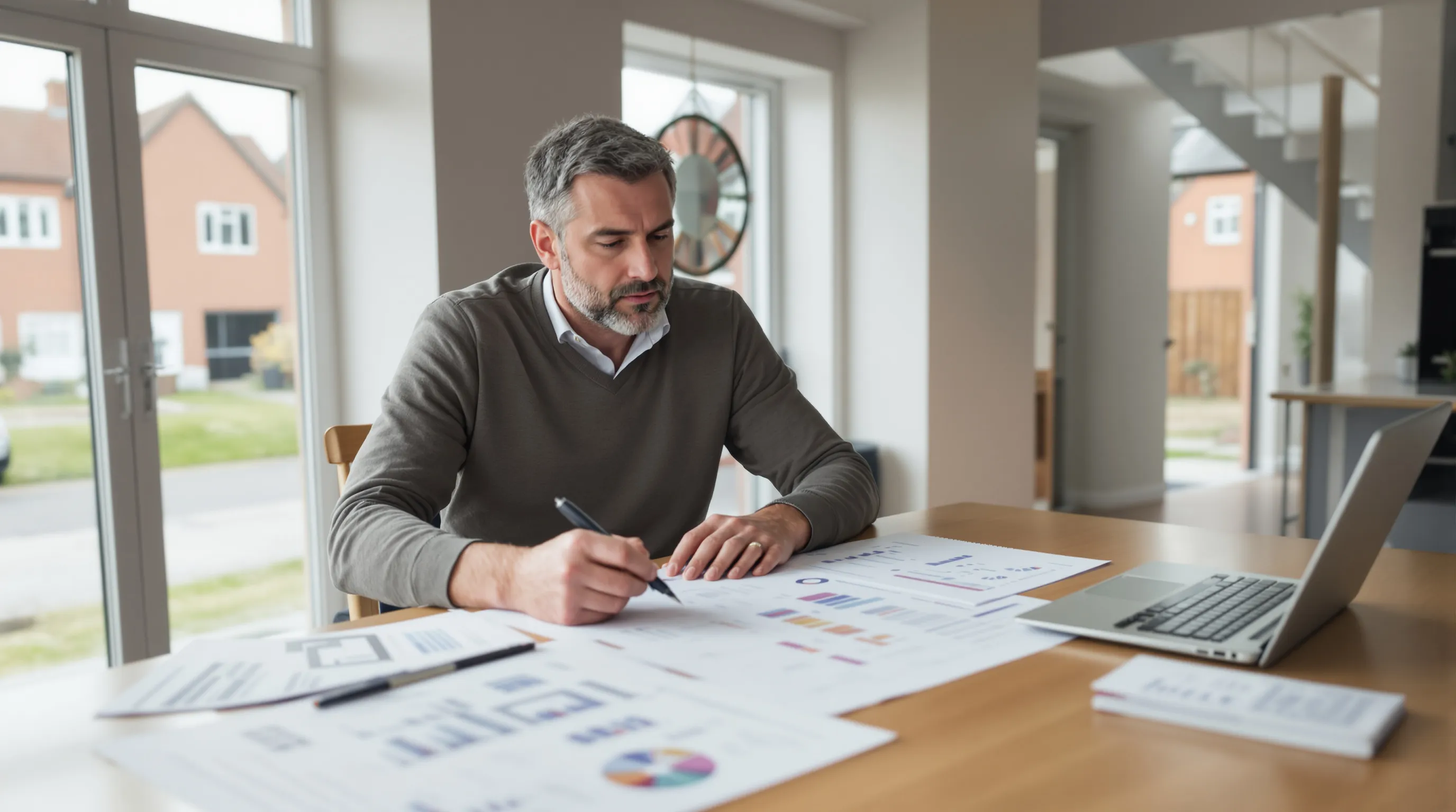 UK homeowner reviewing architectural plans and cost estimates at kitchen table.