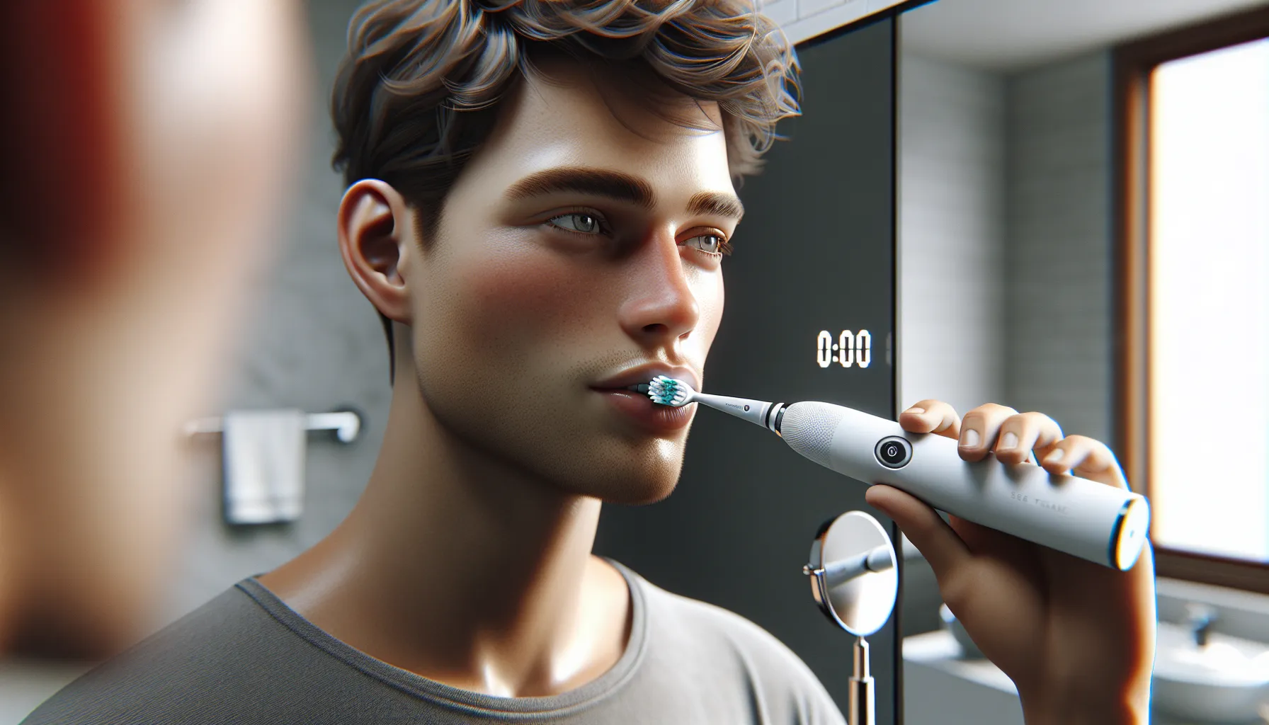 Person in a norwegian bathroom brushing gently with a soft electric toothbrush.