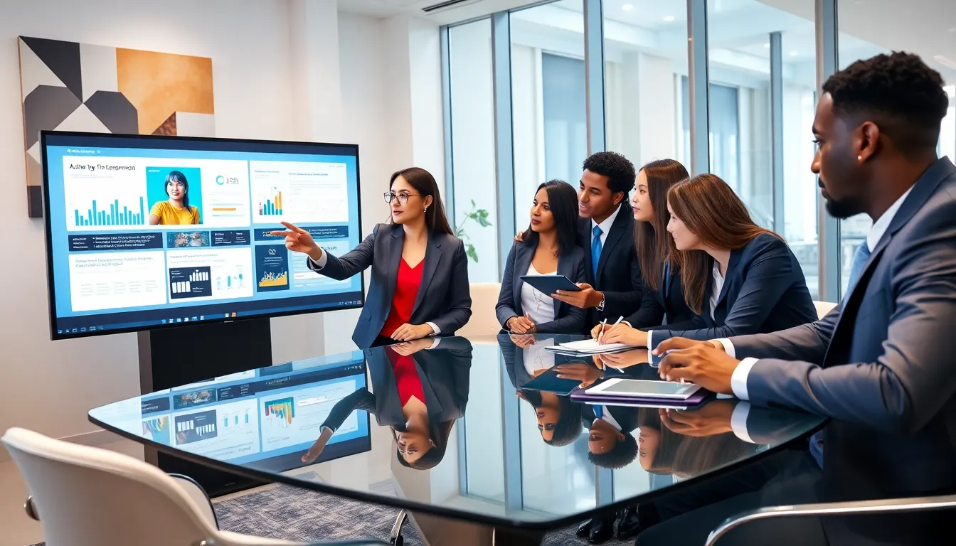 diverse team collaborating on audio visual technology in a modern office.
