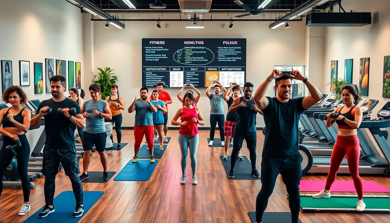 diverse group of people exercising in a modern fitness studio.