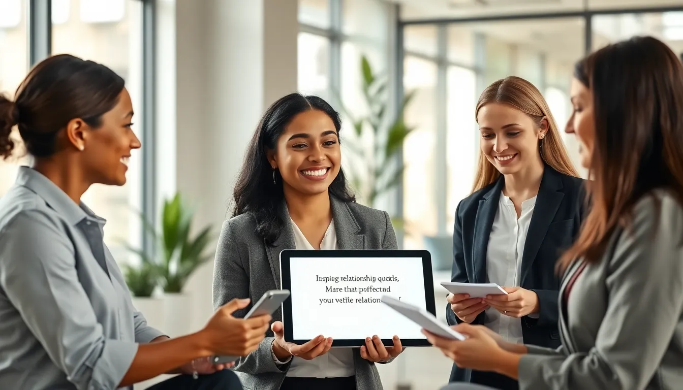 diverse team discussing relationship advice quotes in a modern office.