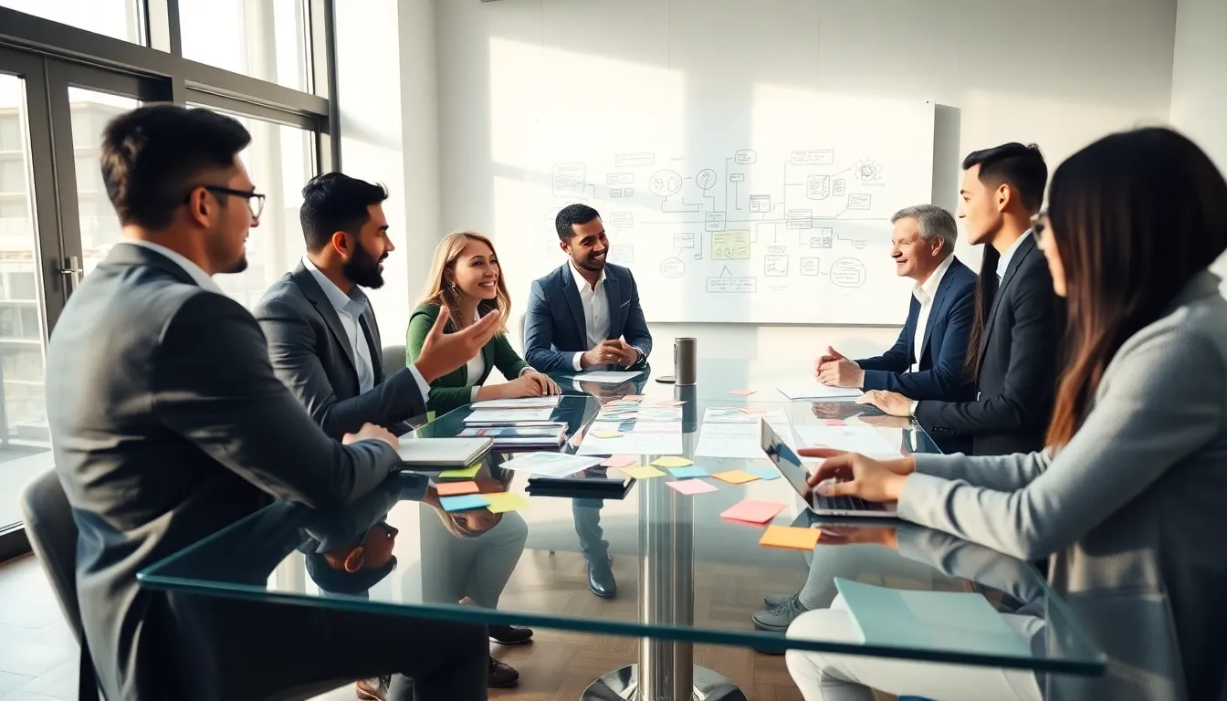 diverse professionals brainstorming in a modern conference room.