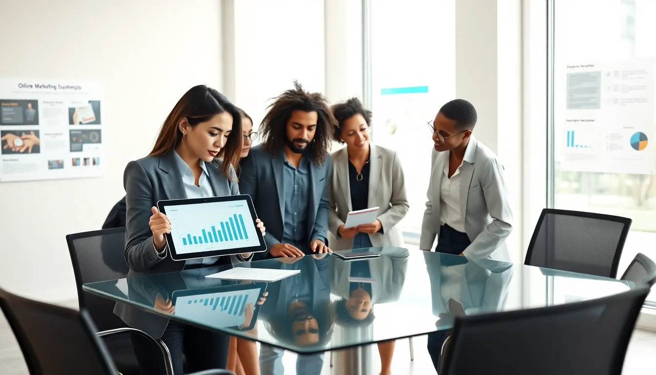 diverse team collaborating on online business strategies in a modern office.