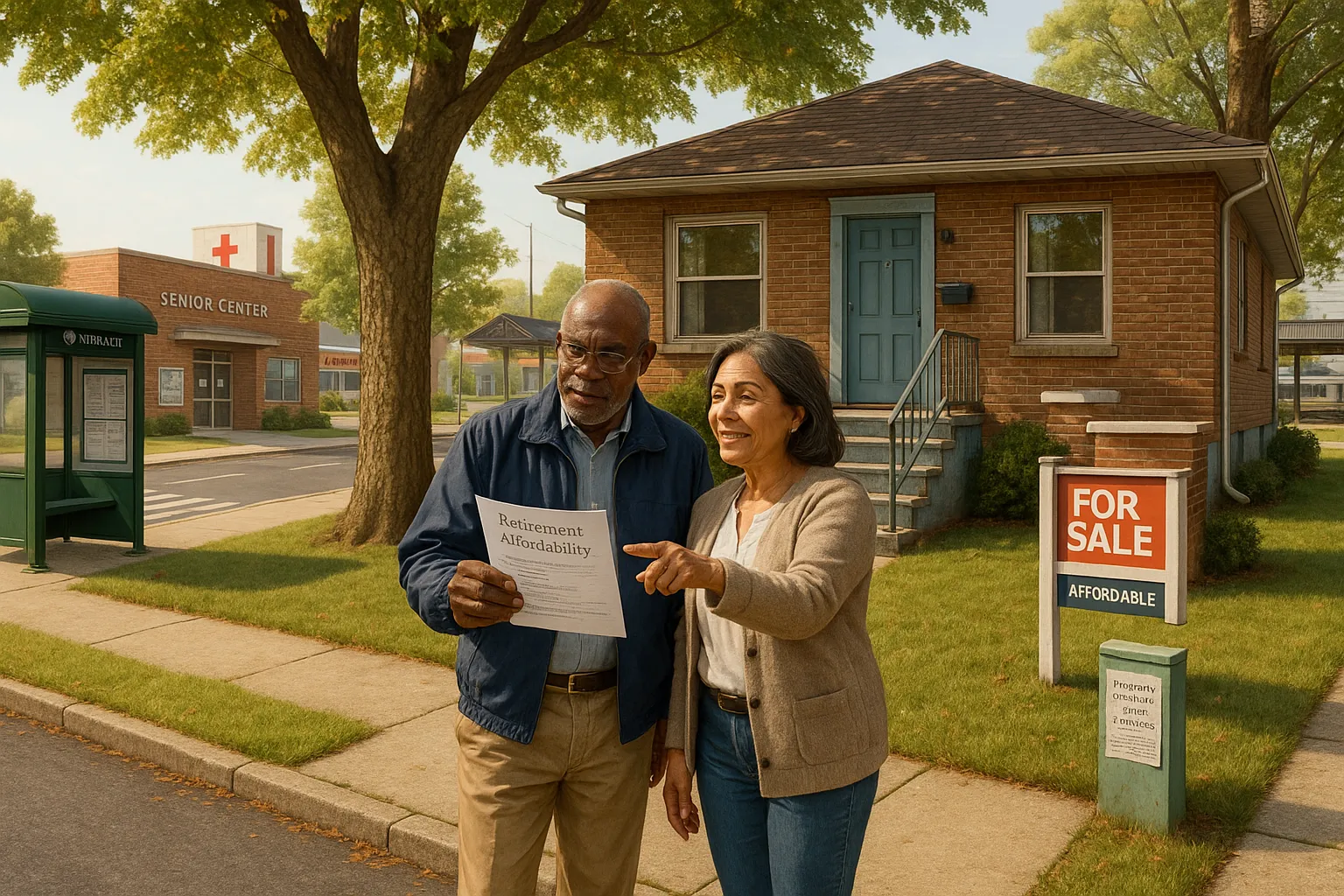 Retired couple reviewing affordability checklist by an affordable New Jersey bungalow.