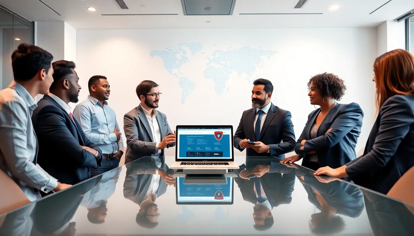 Professionals discussing online privacy solutions in a modern office.