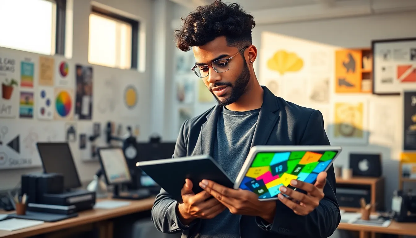 A creative individual at a modern workspace, showcasing digital art.