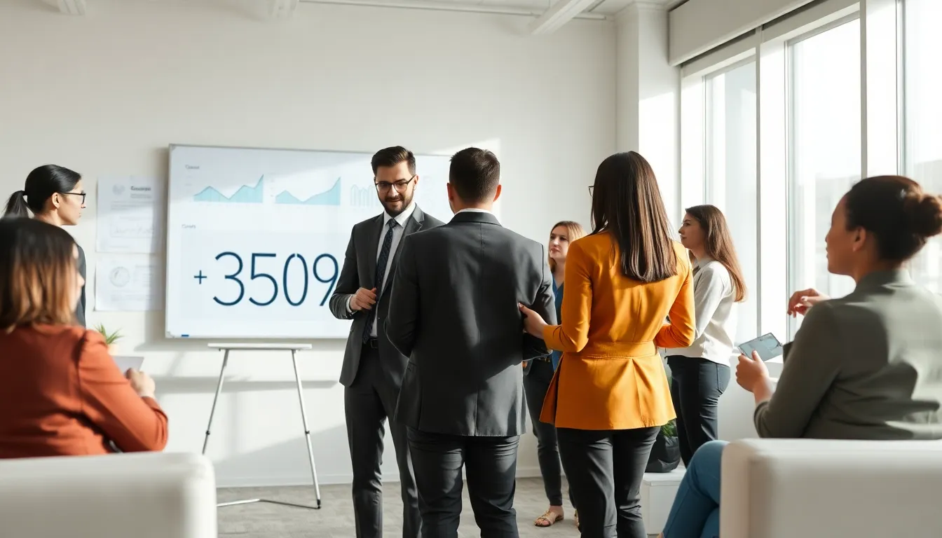 diverse team examining data in a modern office setting.