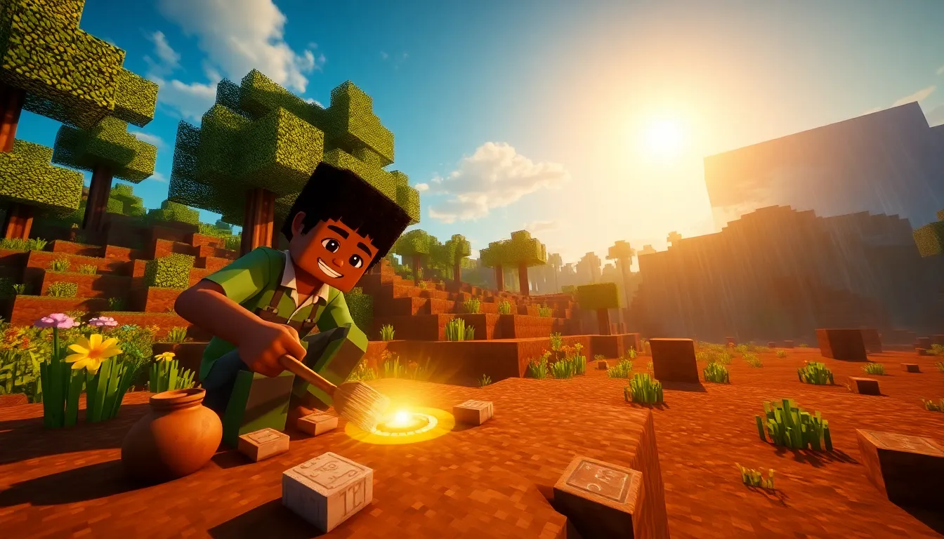 A player excavating an artifact in a vibrant Minecraft landscape.