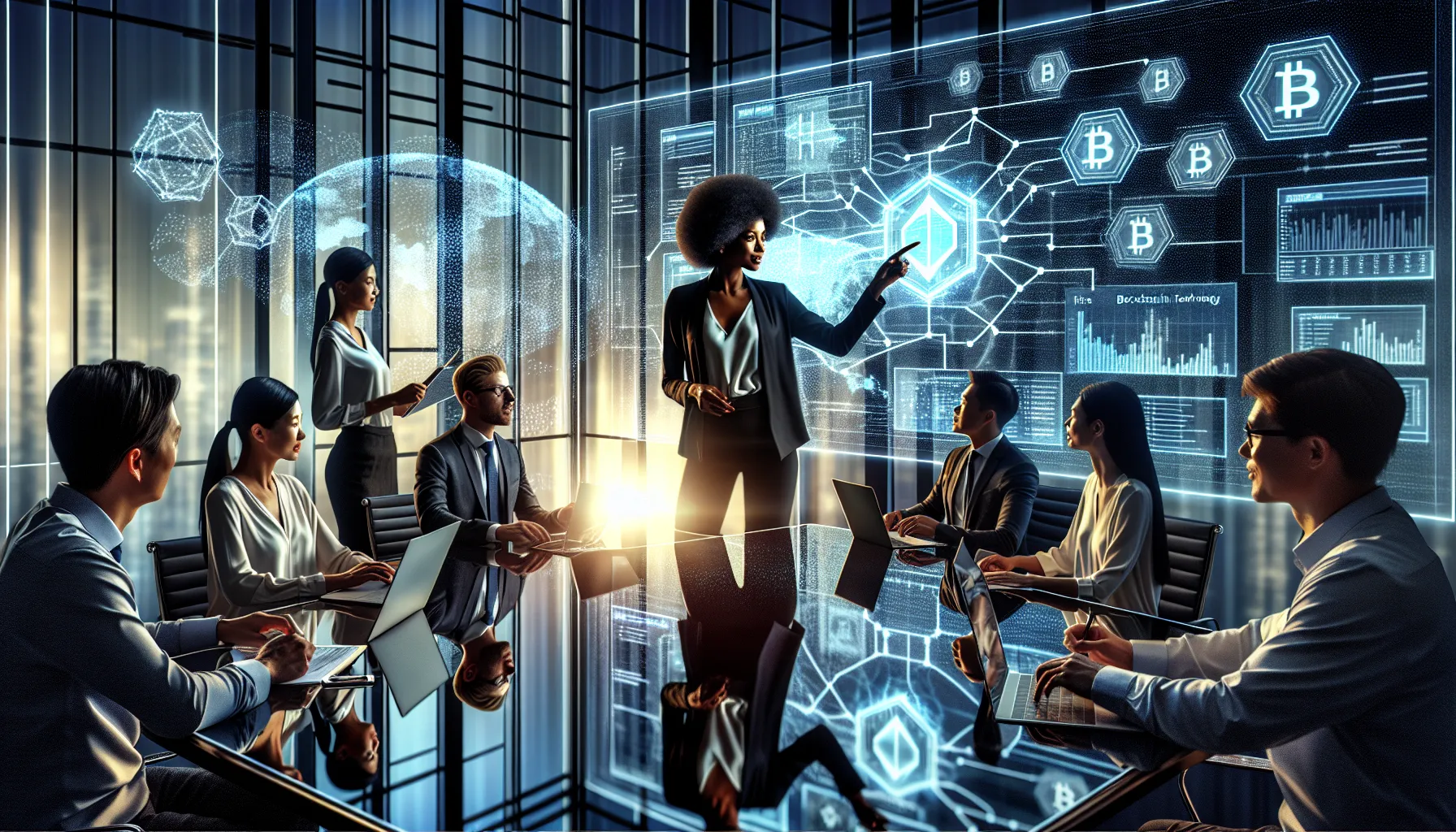 diverse team discussing crypto technology in a modern office