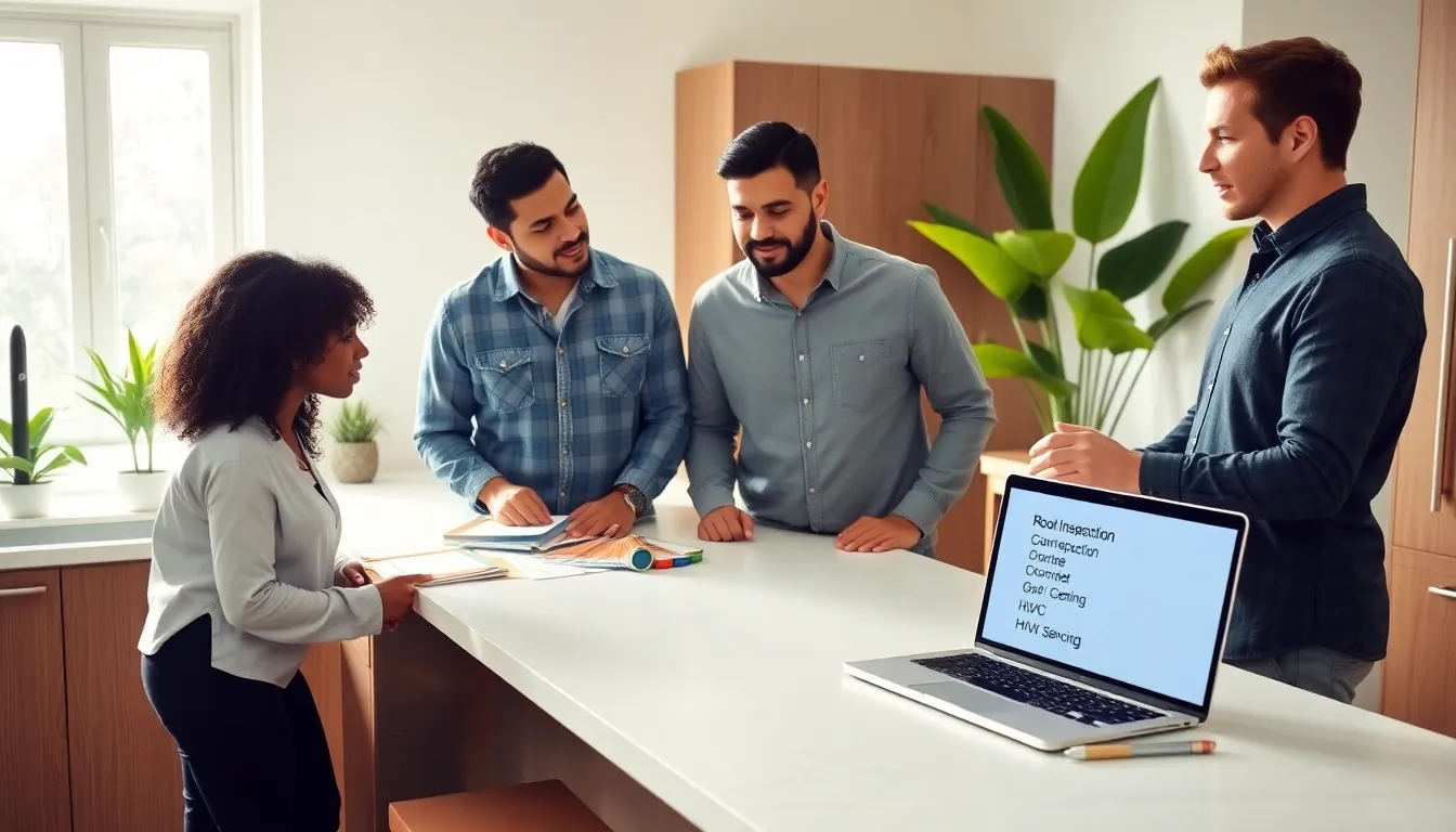 diverse team reviewing a seasonal home maintenance checklist in a modern kitchen.