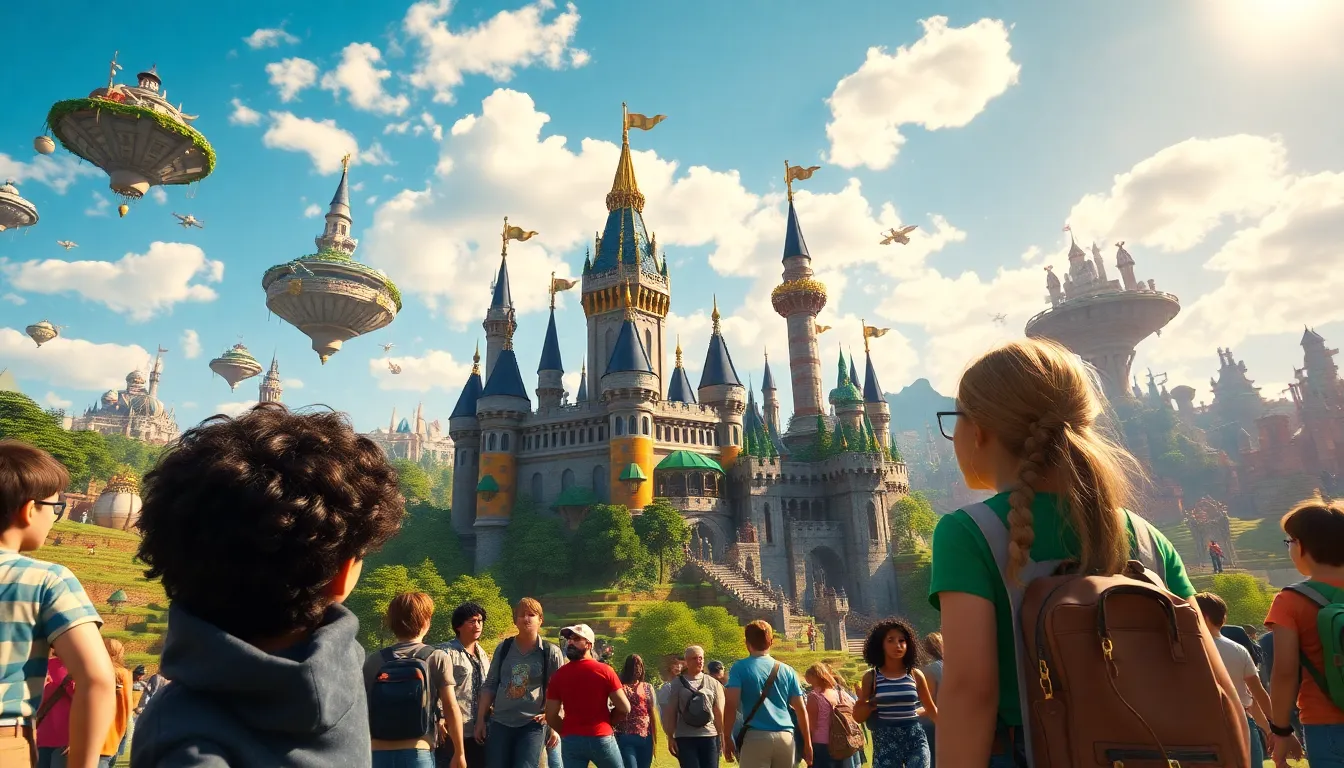 a diverse group of players building a colorful castle in Minecraft.