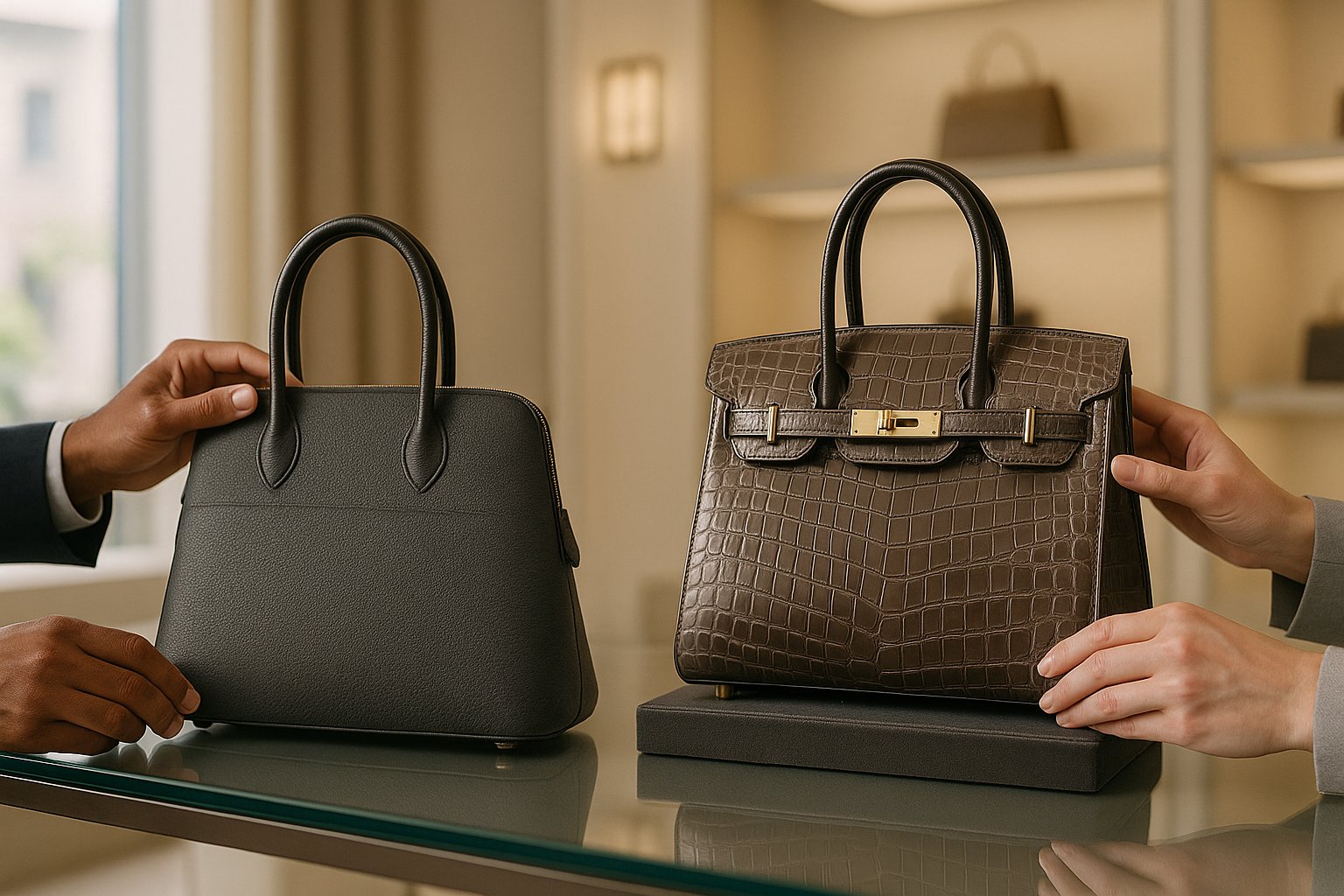 Designer and luxury handbags displayed side by side in a modern boutique.