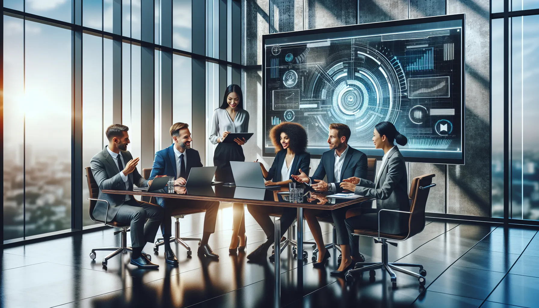 diverse team comparing the Brixx2407 in a modern office setting.