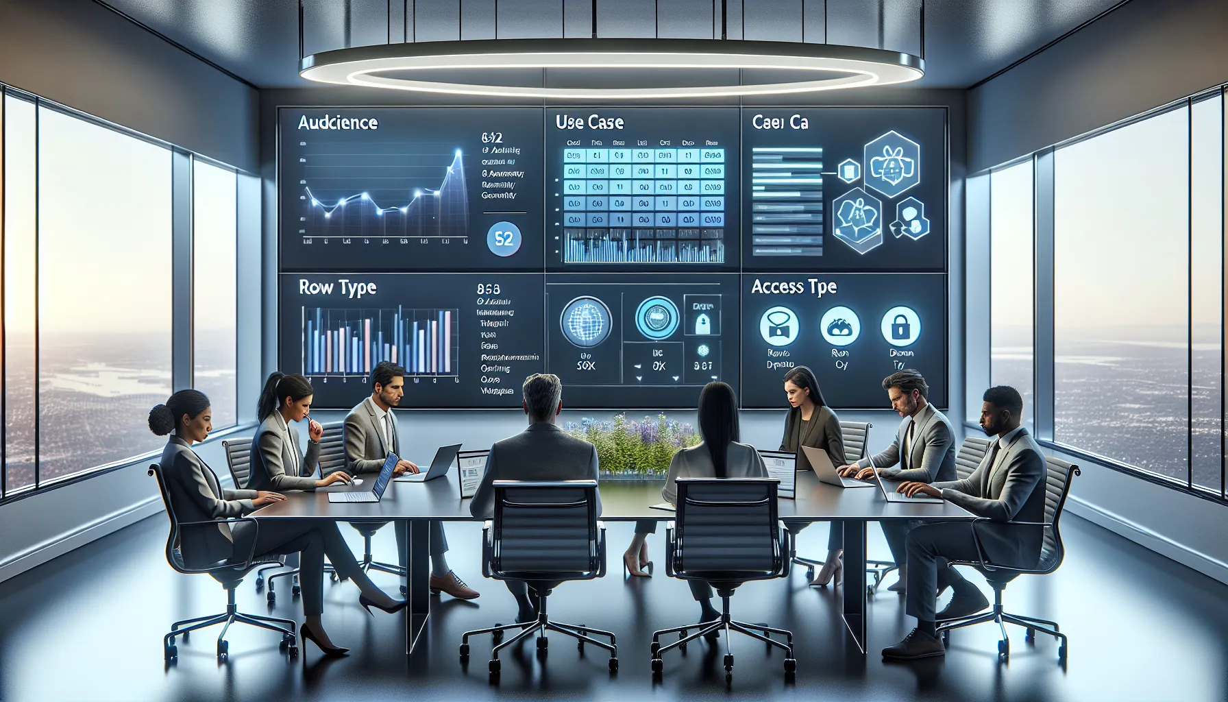 Corporate team planning governed Power BI report sharing strategy in a modern office.
