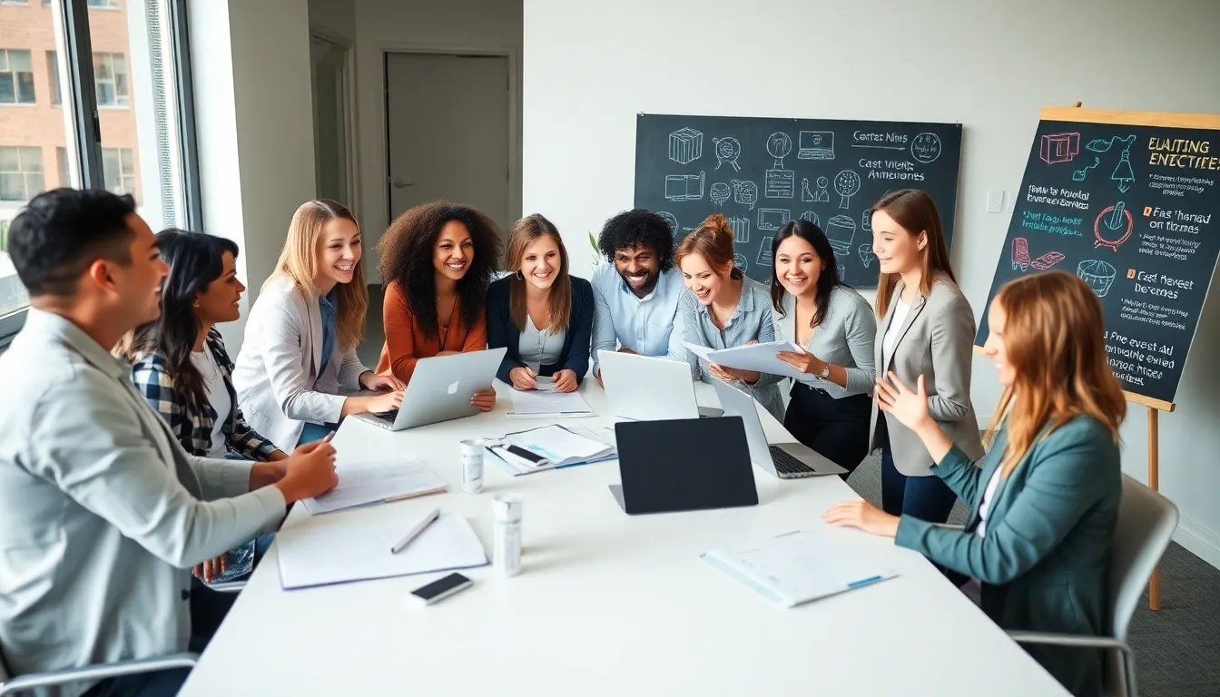 team brainstorming budget-friendly event ideas in a modern office.