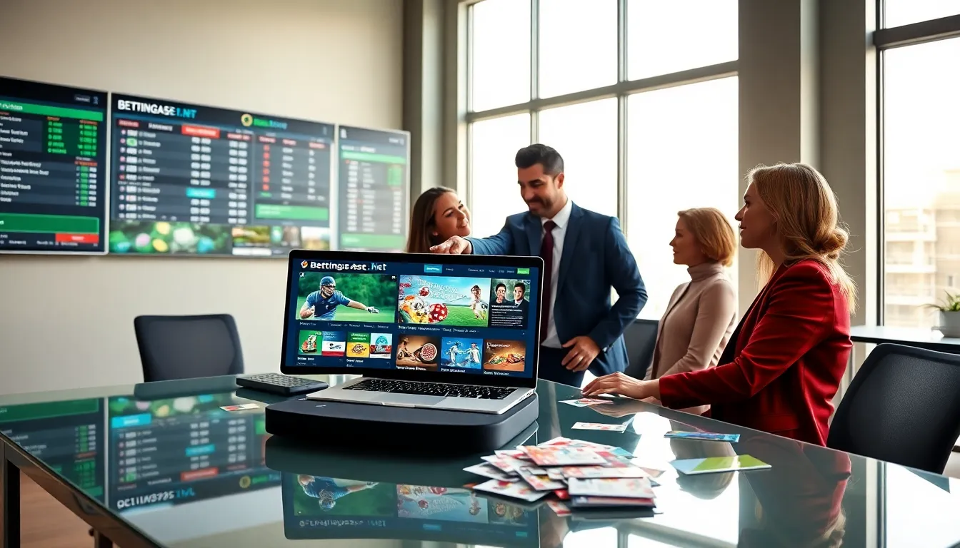 diverse team discussing online betting in a modern office.