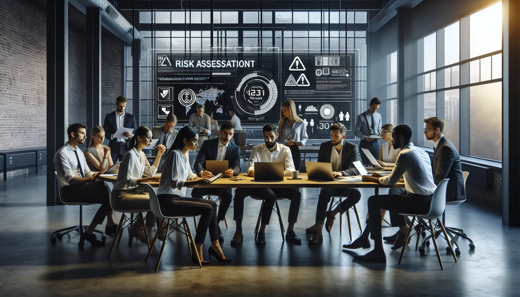 diverse professionals discussing telecommunications security in a modern office.