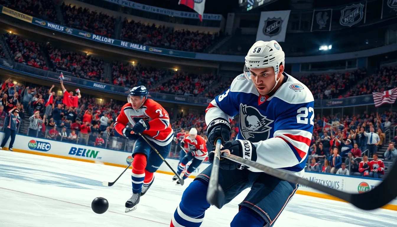 intense ice hockey match with players battling for the puck in a crowded arena.
