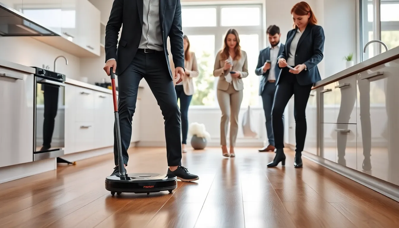 professionals using advanced cleaning gadgets in a modern kitchen.