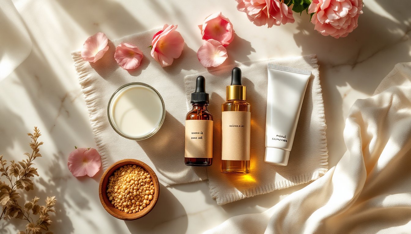 Four affordable skincare essentials arranged on linen with rose petals in soft morning light.