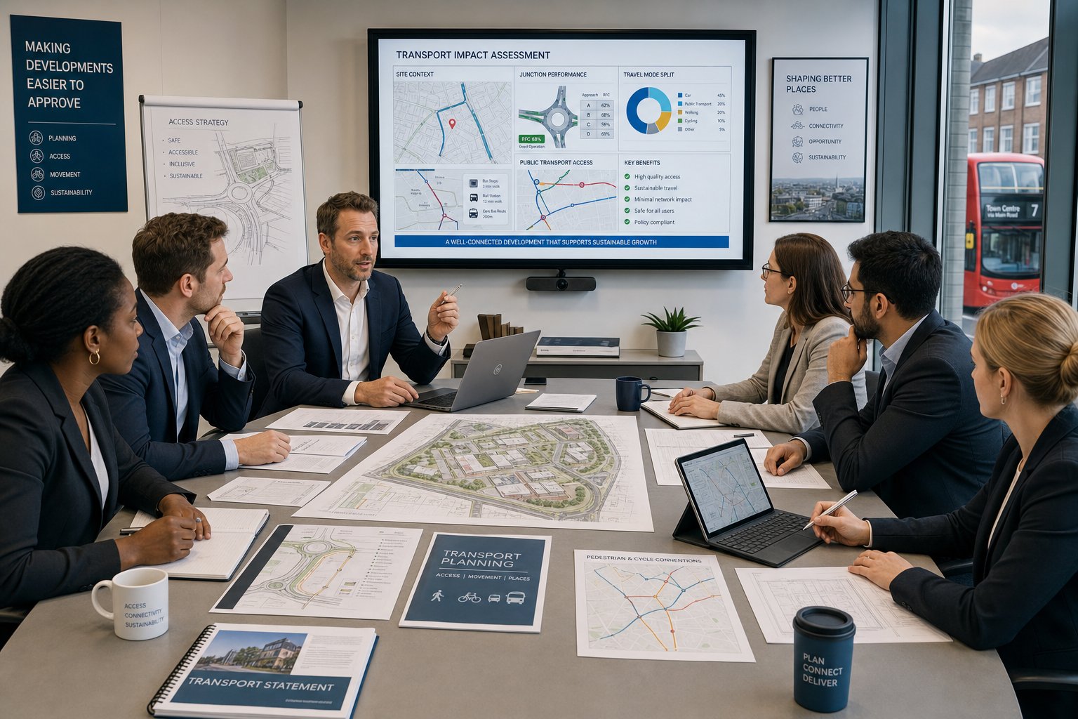 Transport planning consultants reviewing development access and traffic plans in a modern office.