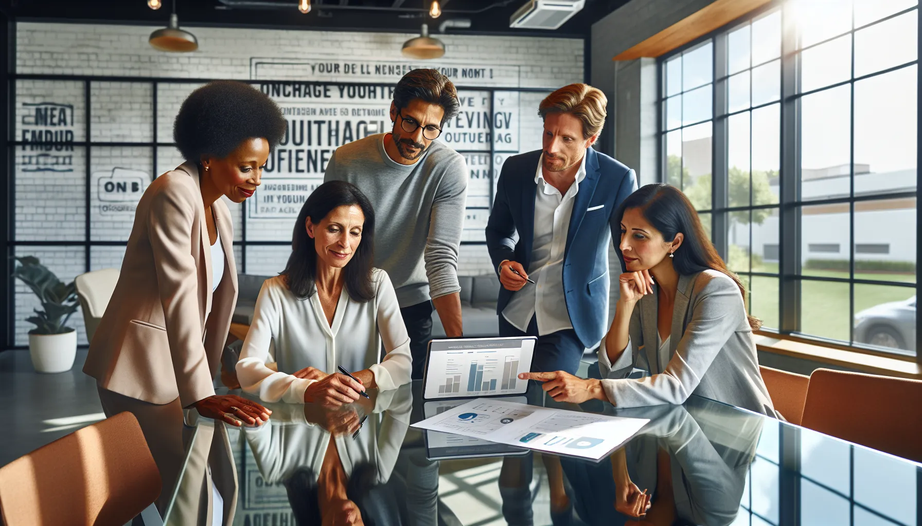 diverse professionals collaborating in a modern office about customer outreach.