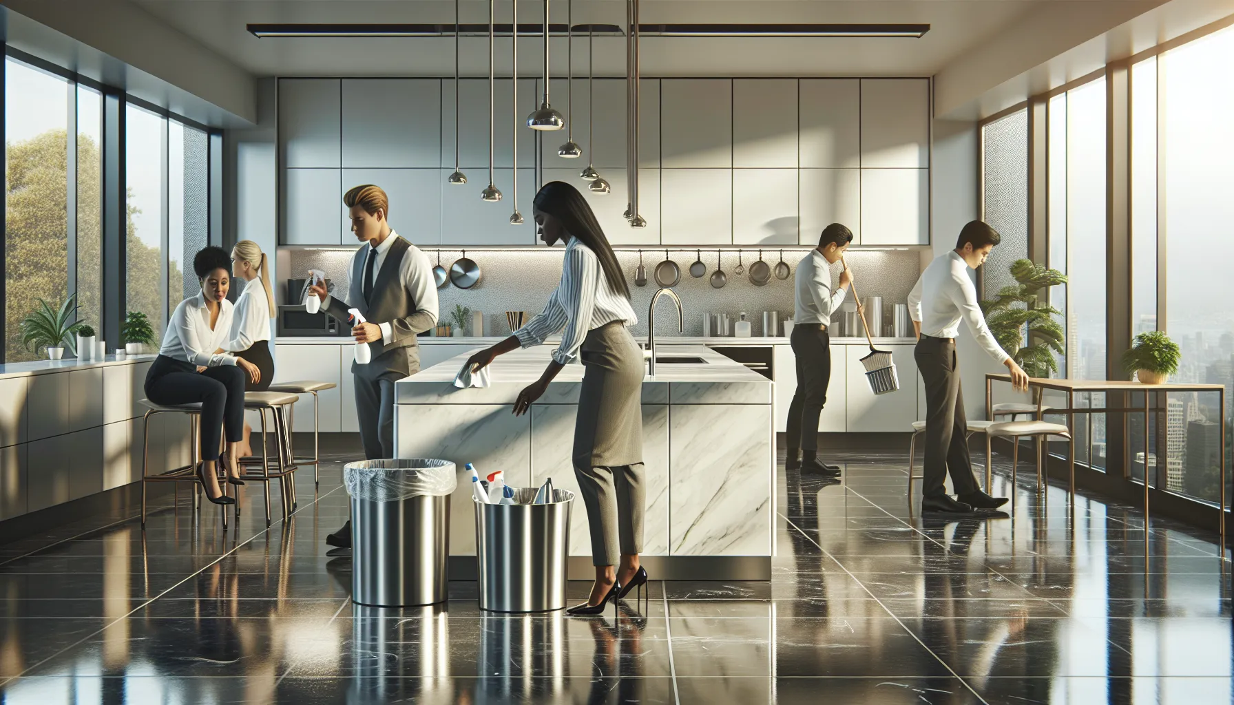 Professionals cleaning a modern office kitchen together.
