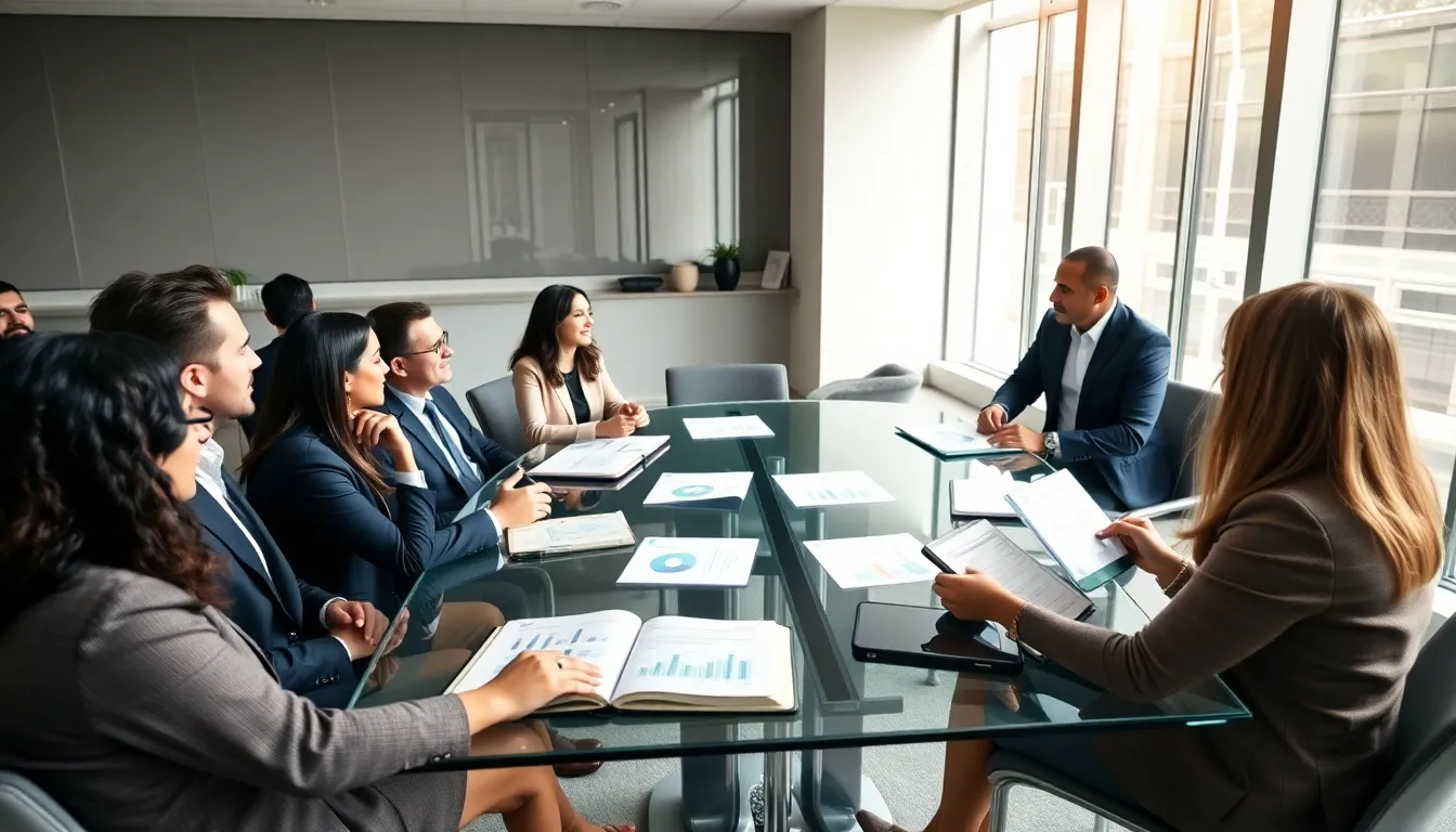 diverse professionals discussing financial freedom in a modern office.