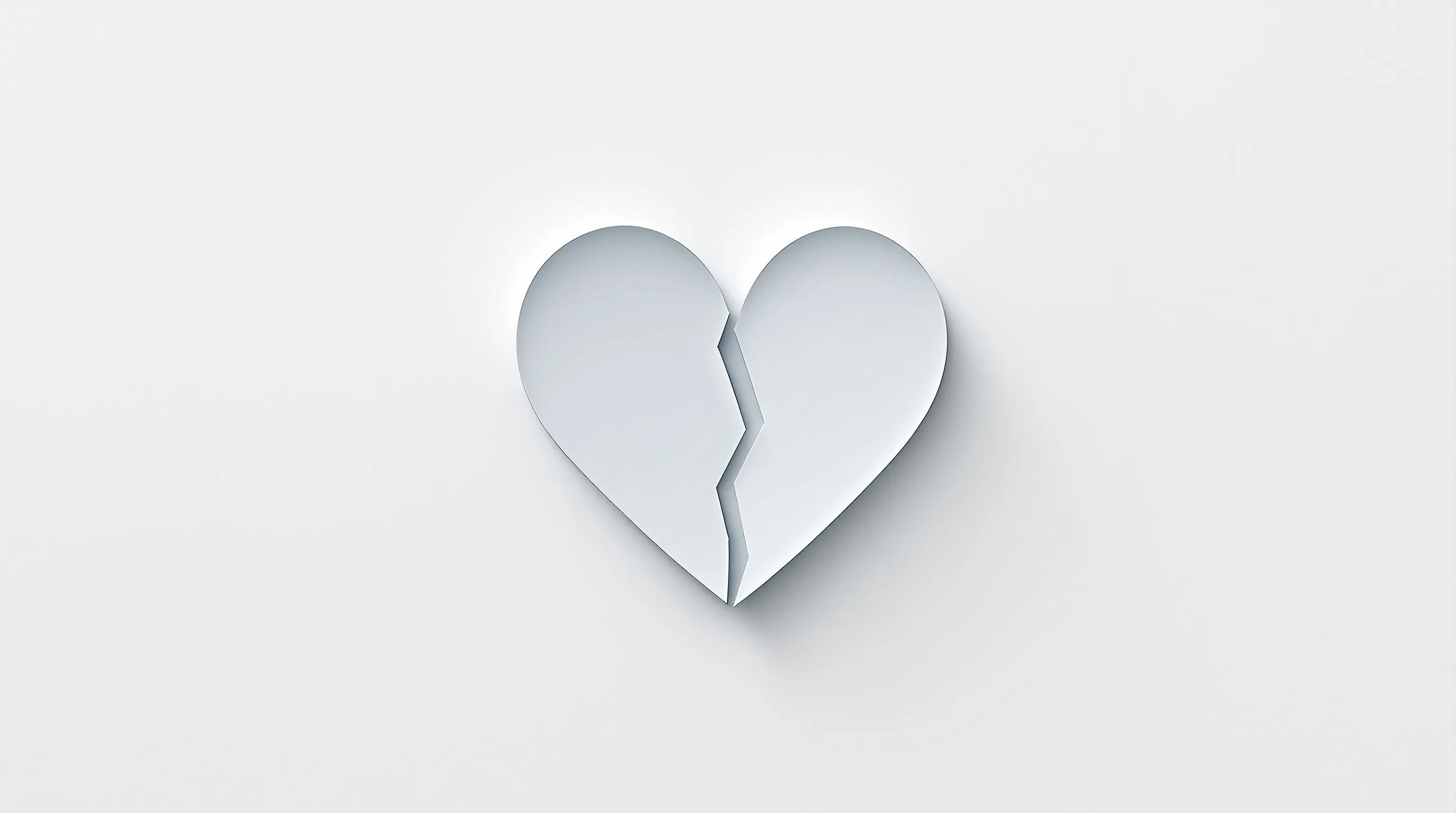 A minimalist split heart shape on white background symbolizing heartbreak and separation.