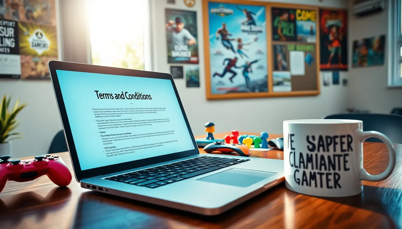 A laptop displaying terms and conditions on a gaming-themed workspace.