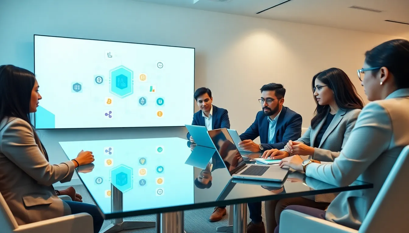 diverse team discussing cryptocoins in a modern office.