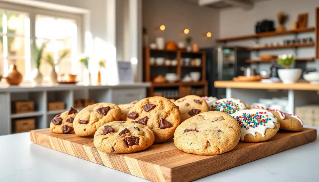 artisanal cookies displayed in a modern bakery setting.