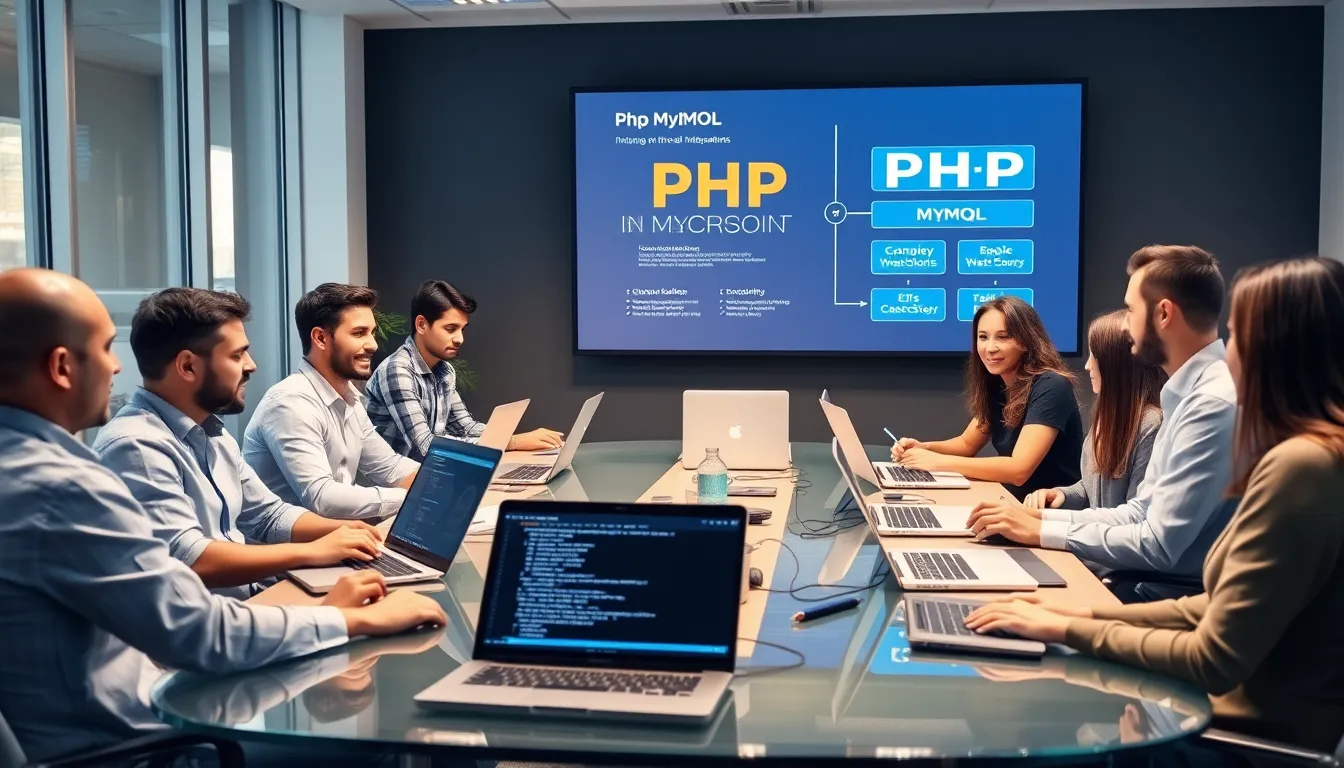 diverse team collaborating on PHP development in a modern office.