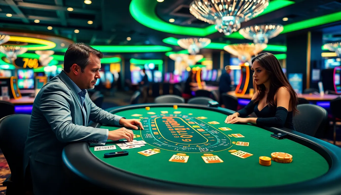 diverse players engaged at a sleek blackjack casino table.