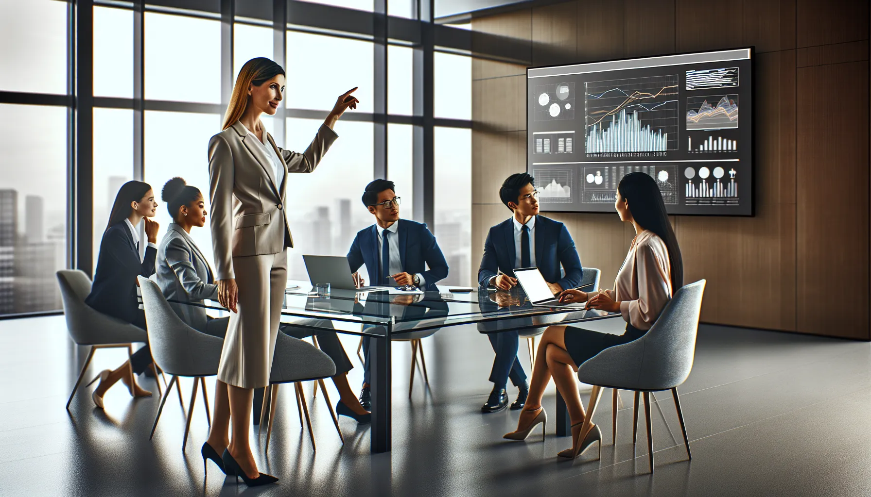 diverse team discussing service numbers in a modern office.