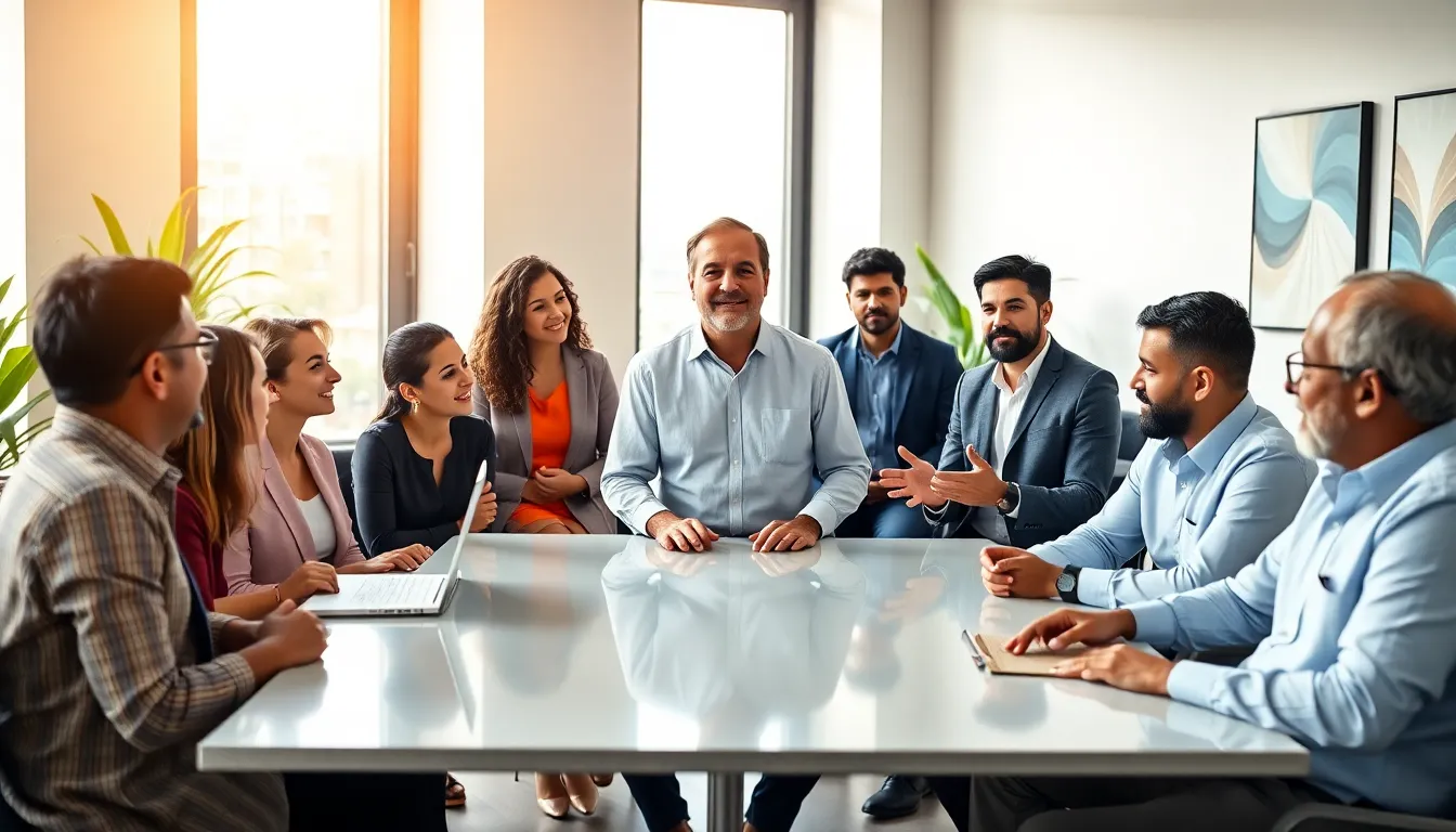 diverse team in a modern office discussing leadership and empathy.