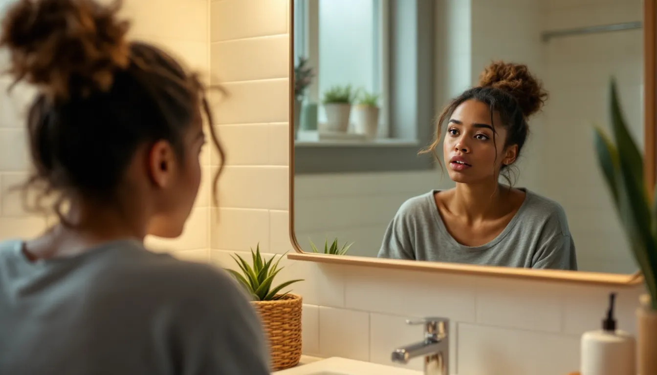 Woman examining stress-related acne on her jawline in a bathroom mirror.